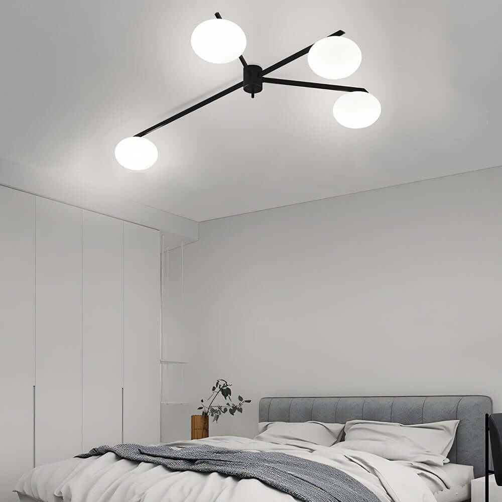 Modern Black Semi-Flush Ceiling Light with White Glass Globes