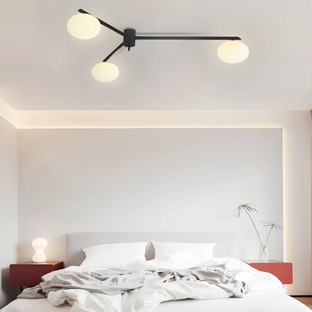 Modern Black Semi-Flush Ceiling Light with White Glass Globes