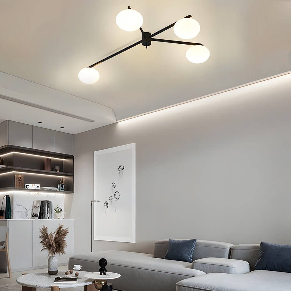 Modern Black Semi-Flush Ceiling Light with White Glass Globes