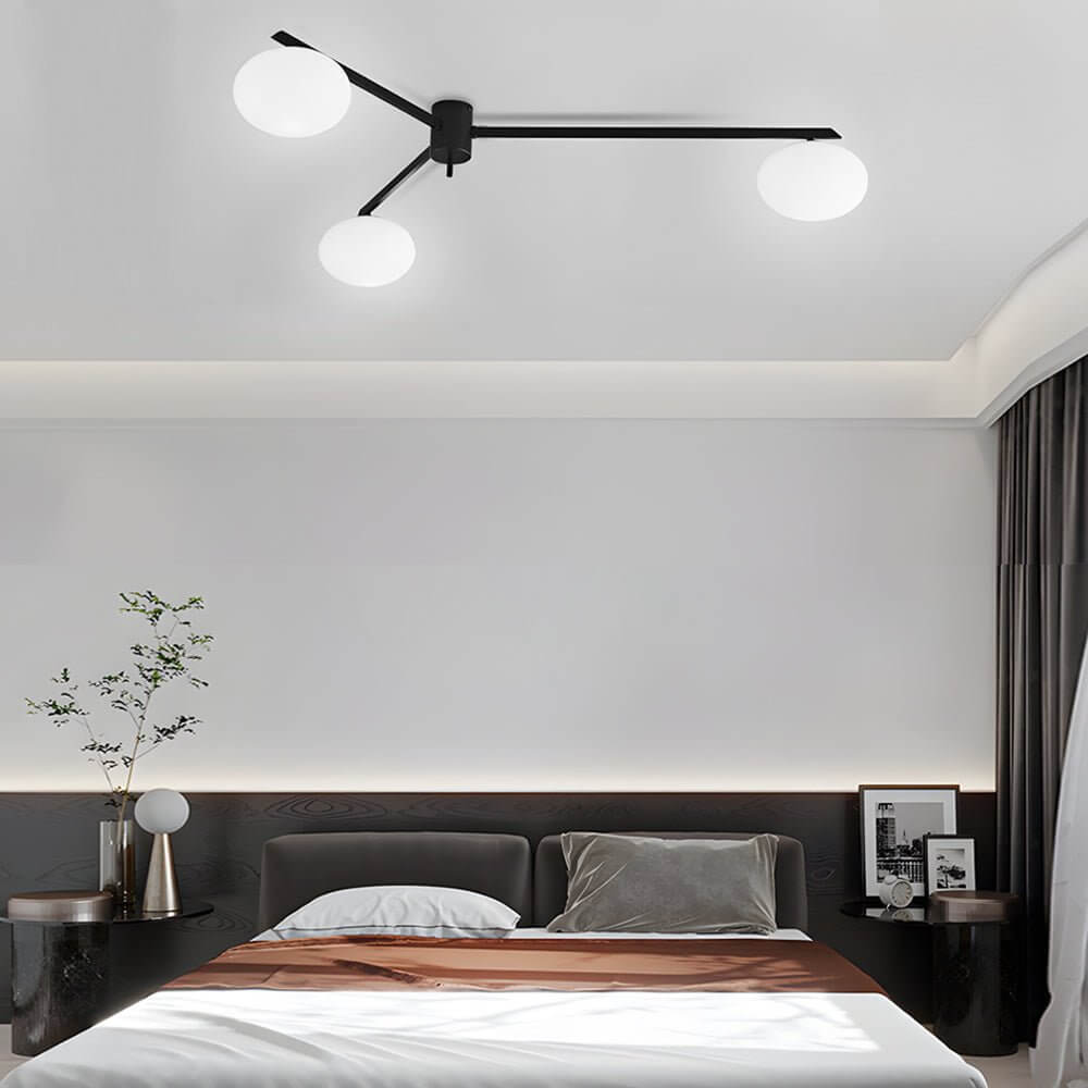 Modern Black Semi-Flush Ceiling Light with White Glass Globes