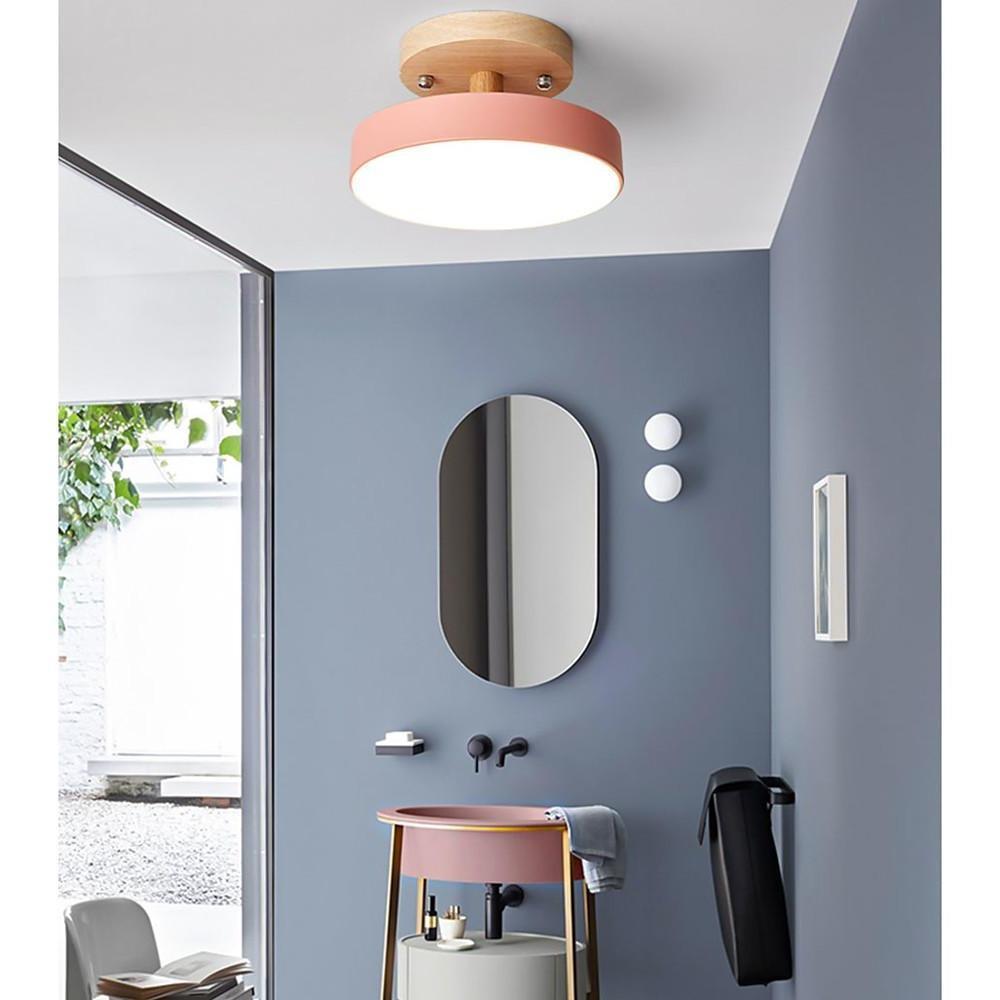 Round Minimalist Drum Flush Mount Ceiling Light Metal Wood LED