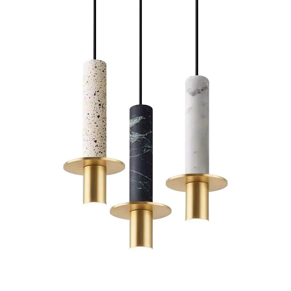 Cylindrical Pendant Light with Marble Shade and Metal Finish