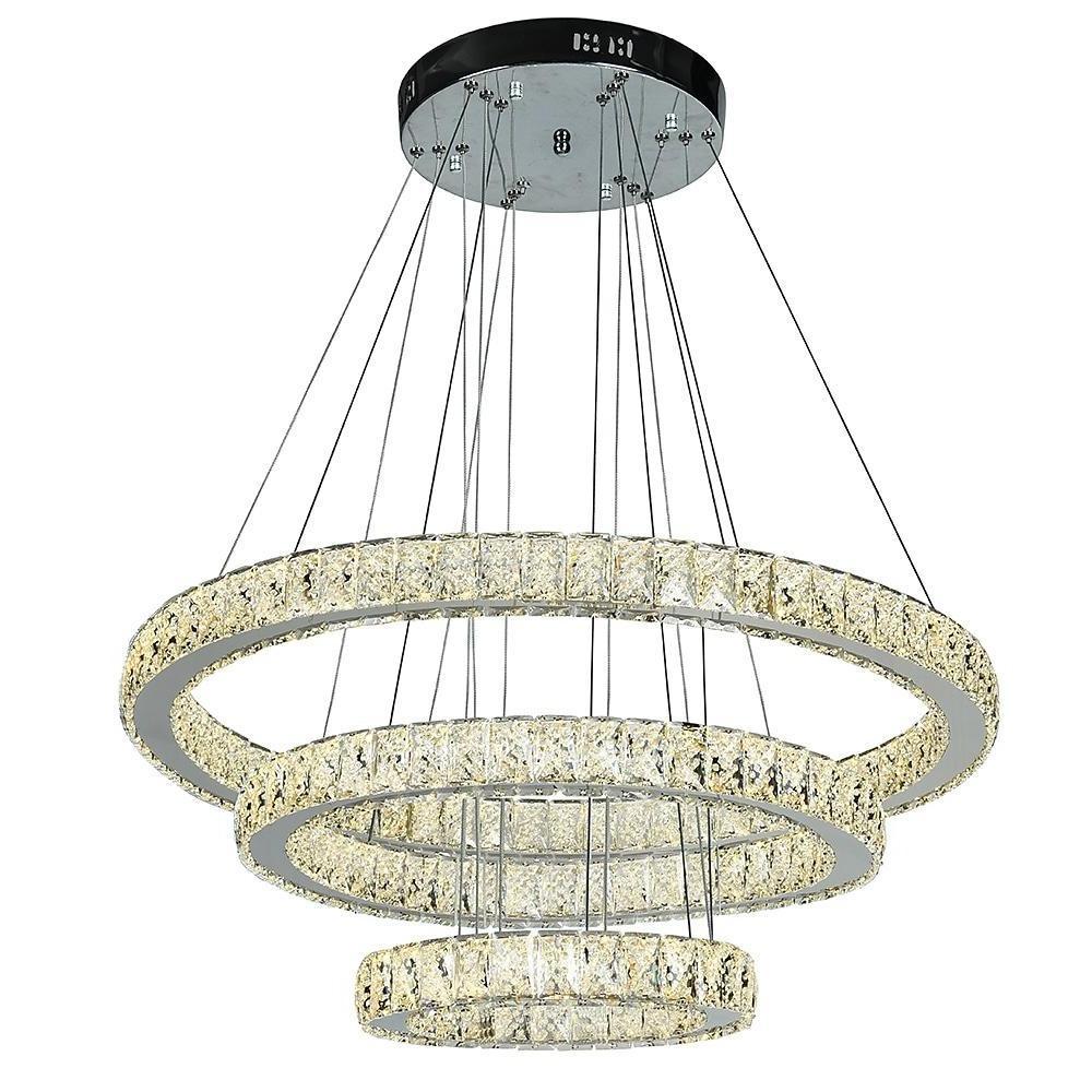 3-Tier Crystal Ring Chandelier with LED - Modern Chrome Finish