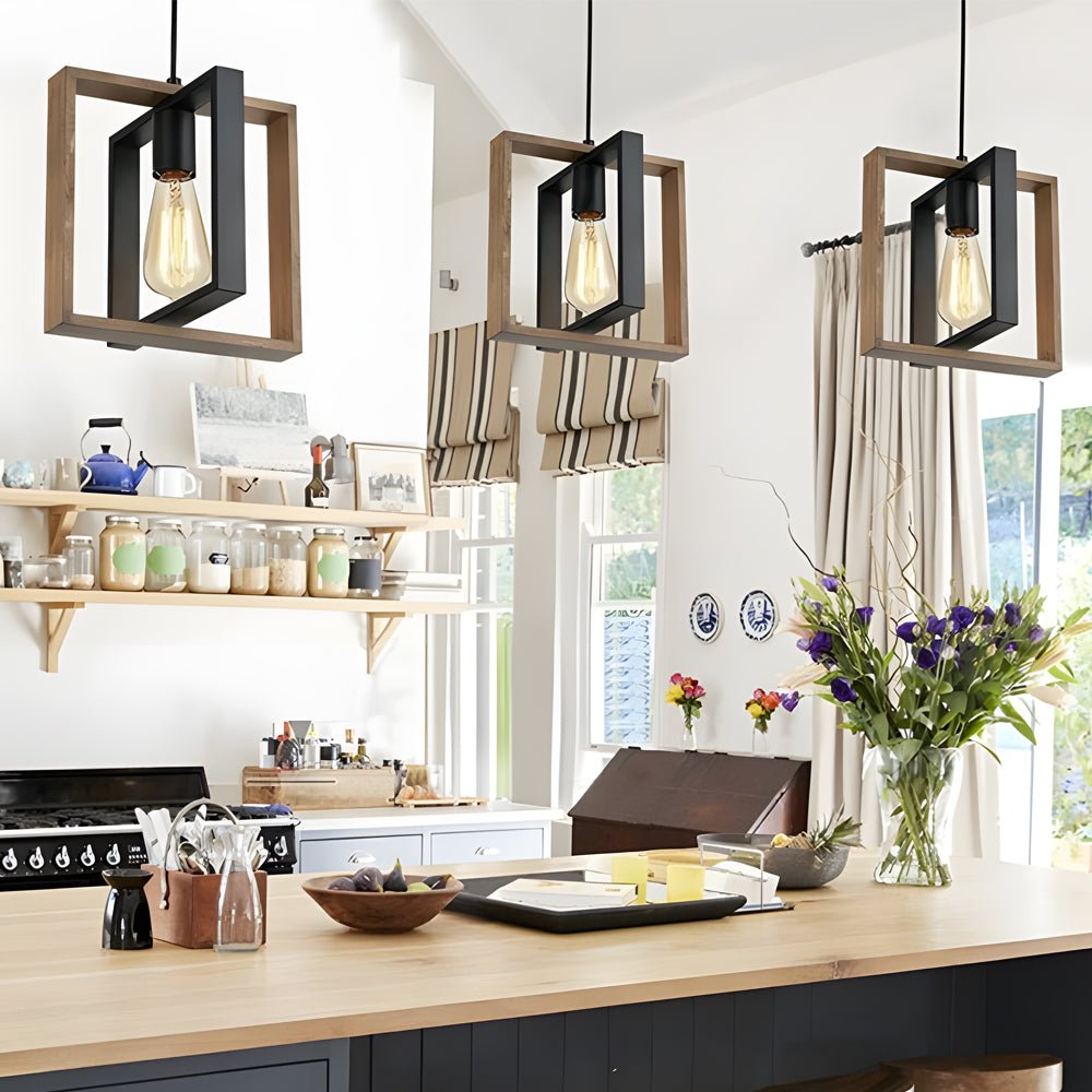 Wood Frame Retro Industrial Pendant Light for Dining Room & Bar