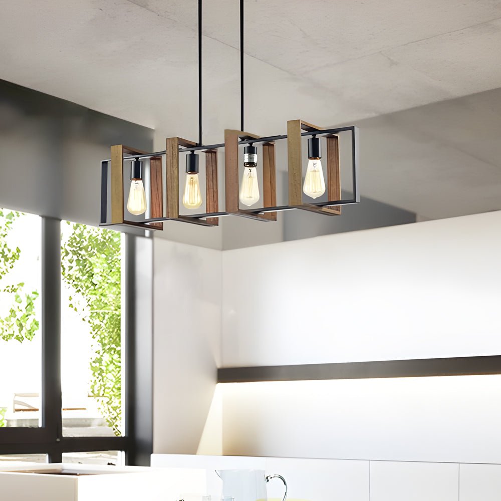 Wood Frame Retro Industrial Pendant Light for Dining Room & Bar