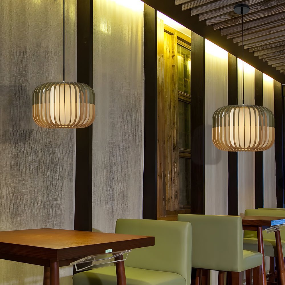 Basswood Lantern Pendant Light with Fabric Shade | Japanese Style