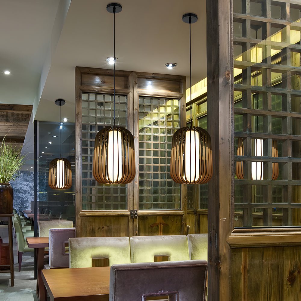 Basswood Lantern Pendant Light with Fabric Shade | Japanese Style