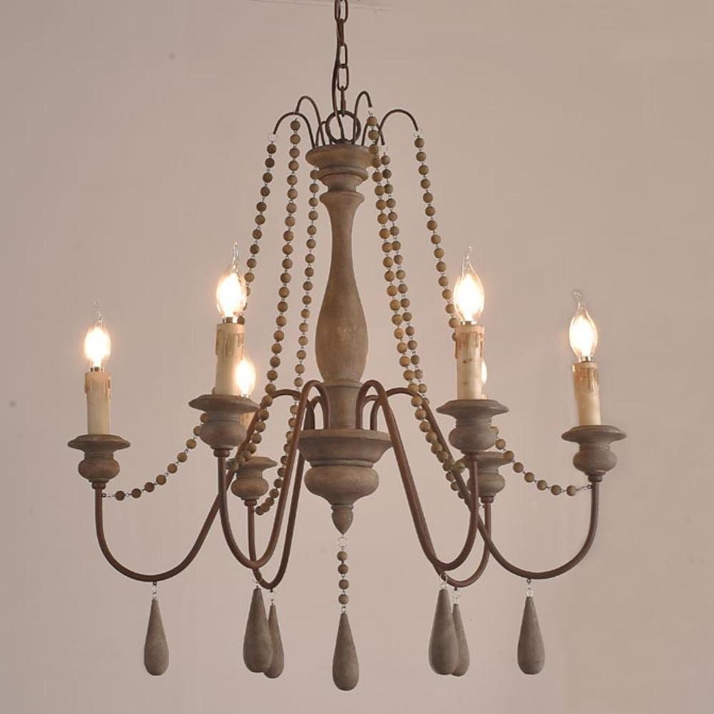 Farmhouse Wood Bead Chandelier with Candle-Style Lights 6-Light