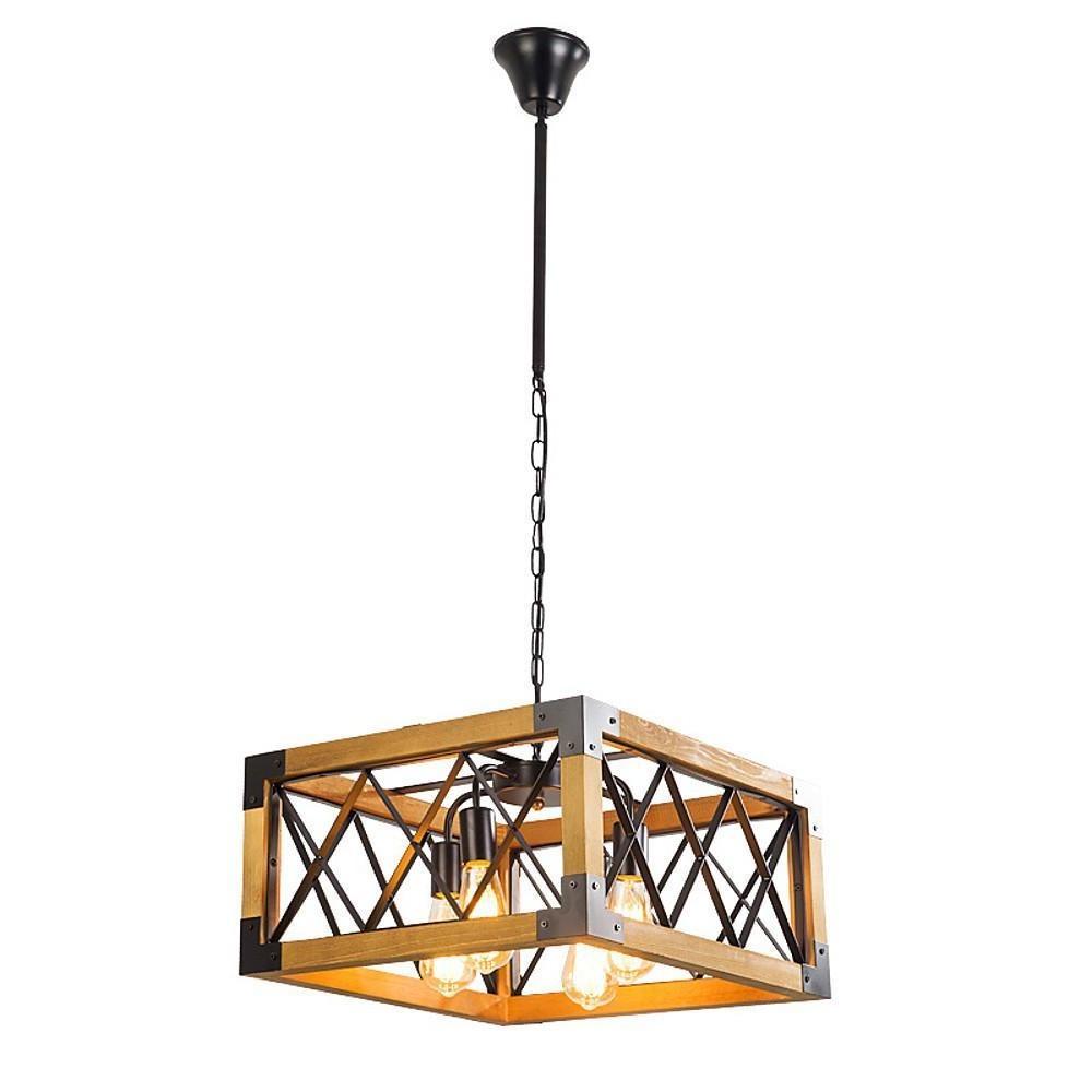 Rustic Industrial Linear Chandelier Wood & Glass Farmhouse Fixture