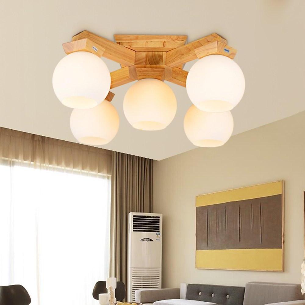 Nordic Wood Globe Flush Mount Ceiling Light with Glass Shades