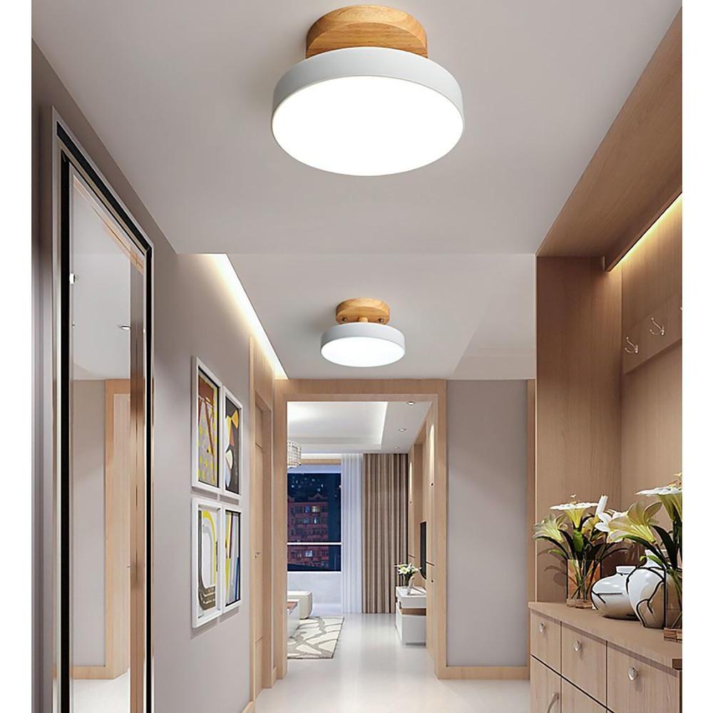 Round Minimalist Drum Flush Mount Ceiling Light Metal Wood LED