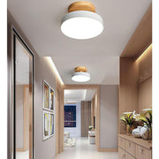 Round Minimalist Drum Flush Mount Ceiling Light Metal Wood LED