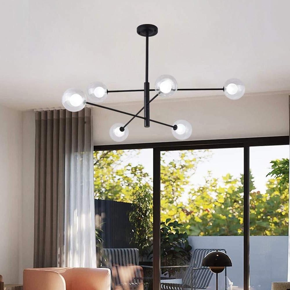 Linear Sputnik Chandelier Black Glass & Metal 6-Light Pendant