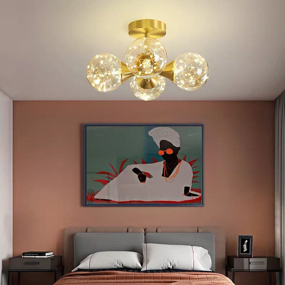 4-Light Copper Glass Flush Mount LED Ceiling Light Modern Brass