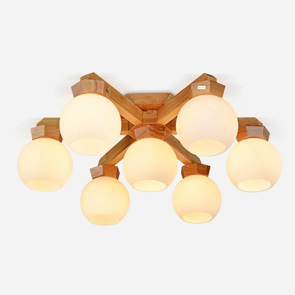 Nordic Wood Globe Flush Mount Ceiling Light with Glass Shades