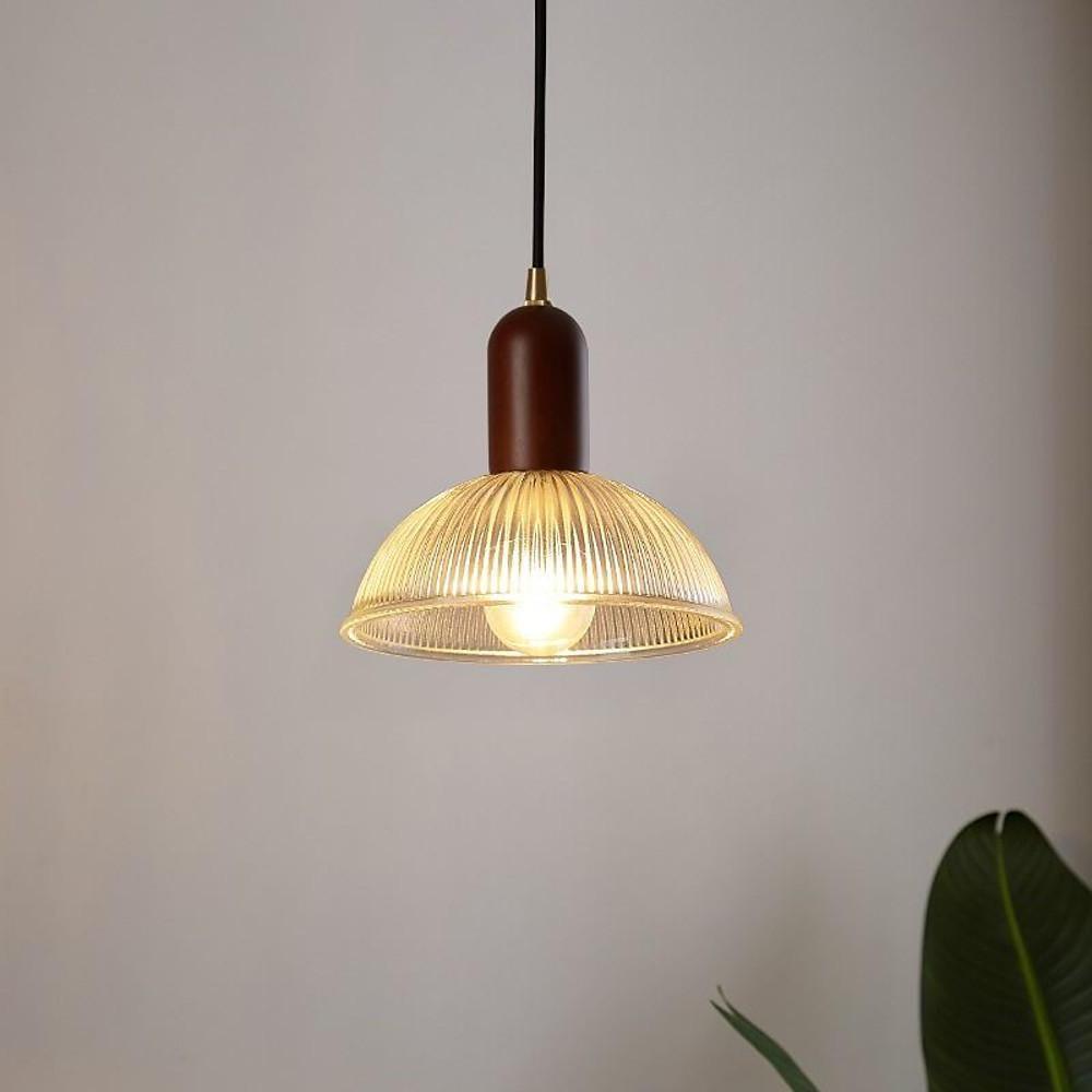 Vintage Glass Wood Pendant Light Bowl Ceiling Fixture
