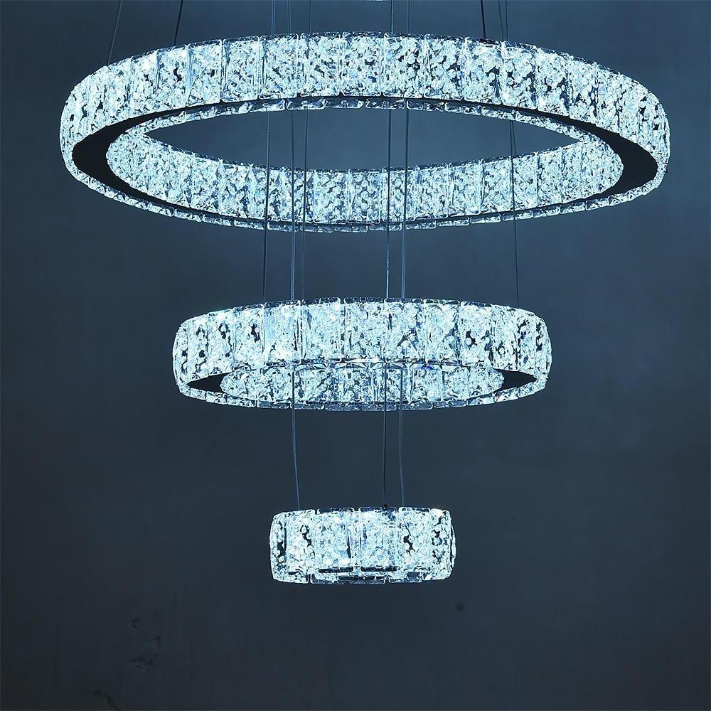3-Tier Crystal Ring Chandelier with LED - Modern Chrome Finish