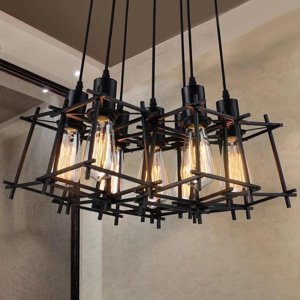Industrial Black Metal Wire Cage Pendant Light Adjustable