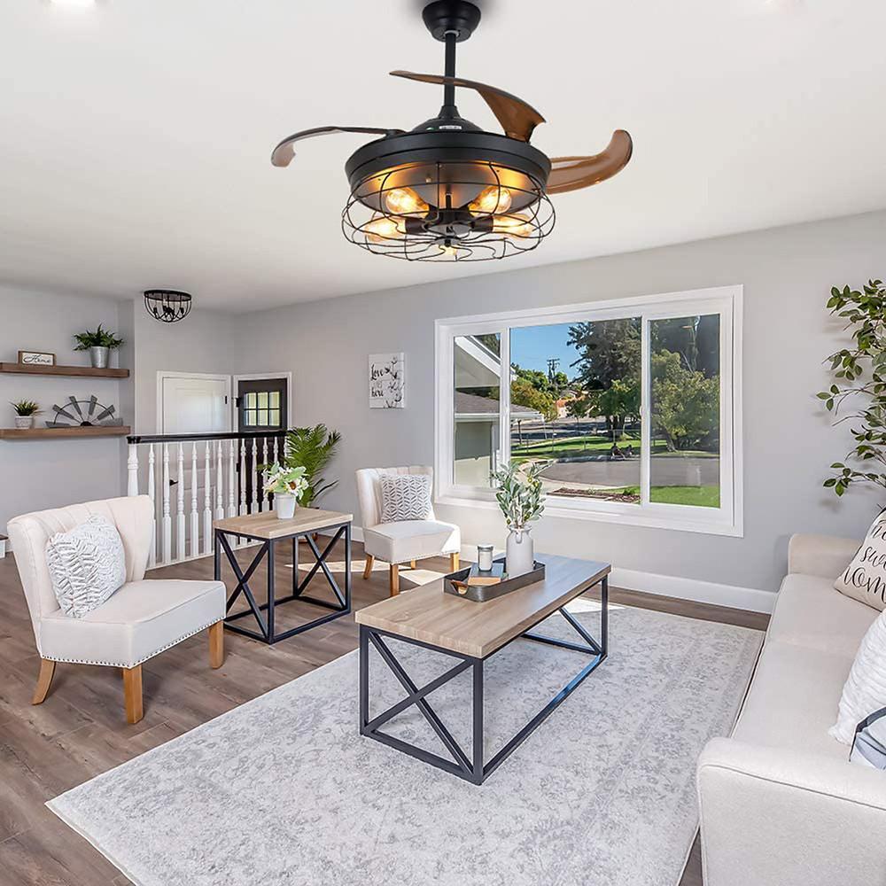 Retractable Farmhouse Ceiling Fan Light with Lantern Design