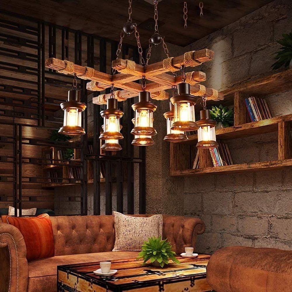 Vintage Wood & Glass 8-Light Farmhouse Pendant Chandelier