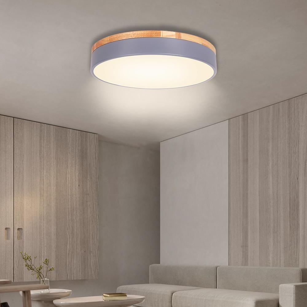 Modern Drum Flush Mount LED Ceiling Light Metal Wood Design