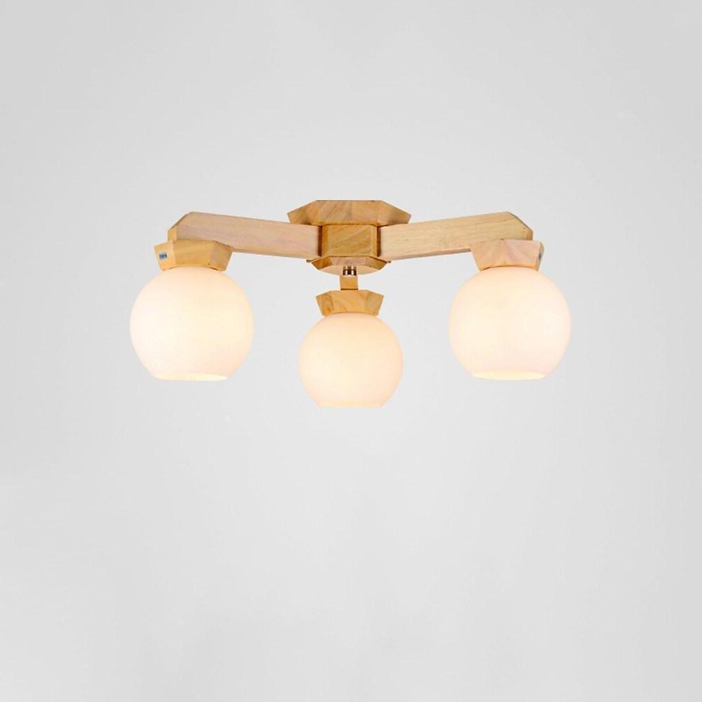 Nordic Wood Globe Flush Mount Ceiling Light with Glass Shades