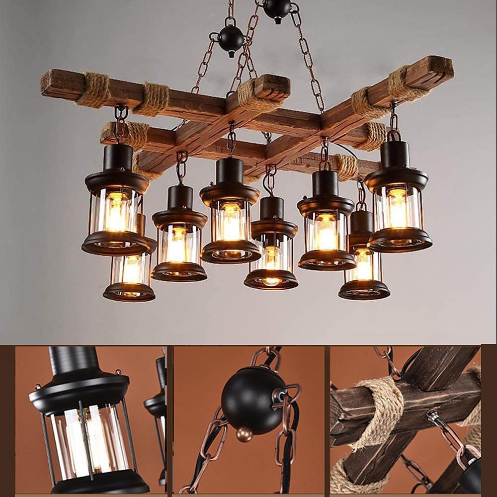 Vintage Wood & Glass 8-Light Farmhouse Pendant Chandelier