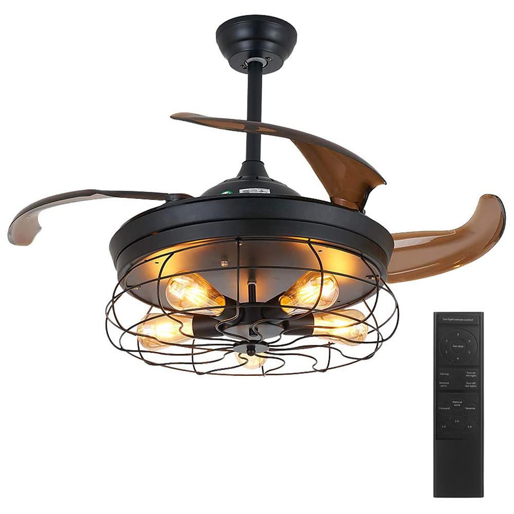 Retractable Farmhouse Ceiling Fan Light with Lantern Design