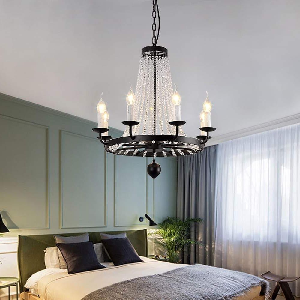 Vintage Wagon Wheel Crystal Chandelier - Black Metal Candle Style