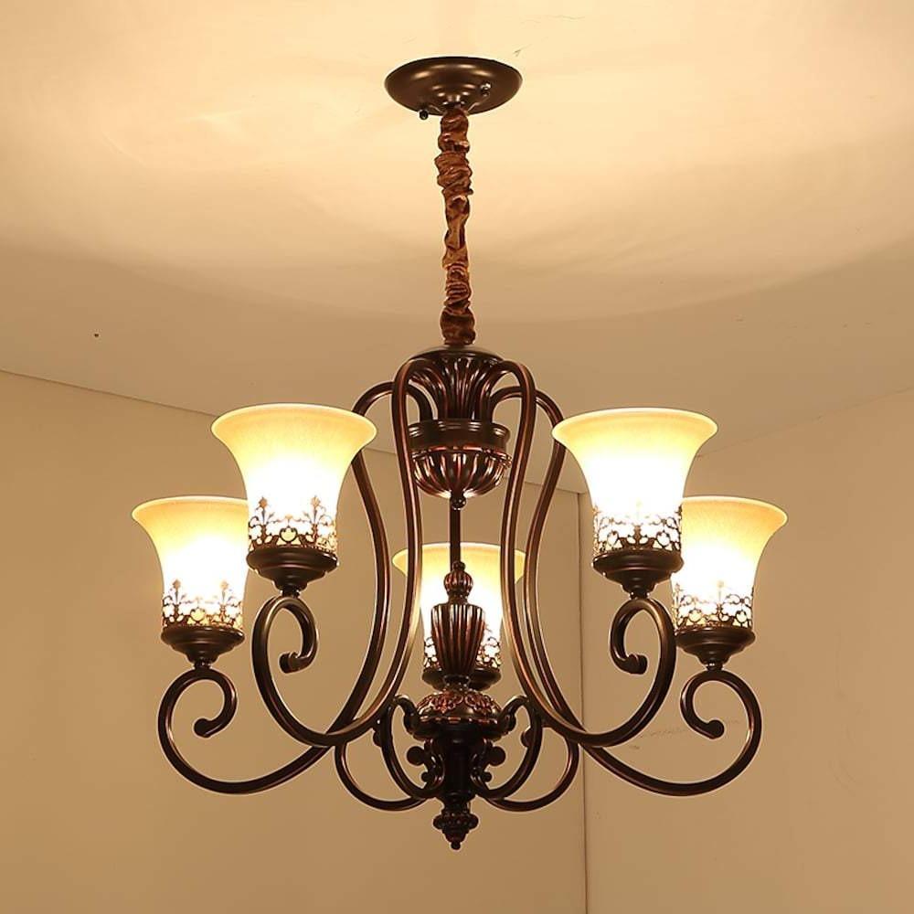 5-Light Vintage Chandelier with Glass Shades and Bronze Finish