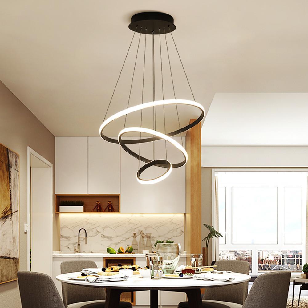 Adjustable Triple Ring Dimmable LED Chandelier Modern Black Metal