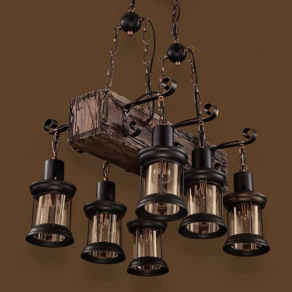 6-Light Farmhouse Wooden Chandelier with Glass Lantern Shades