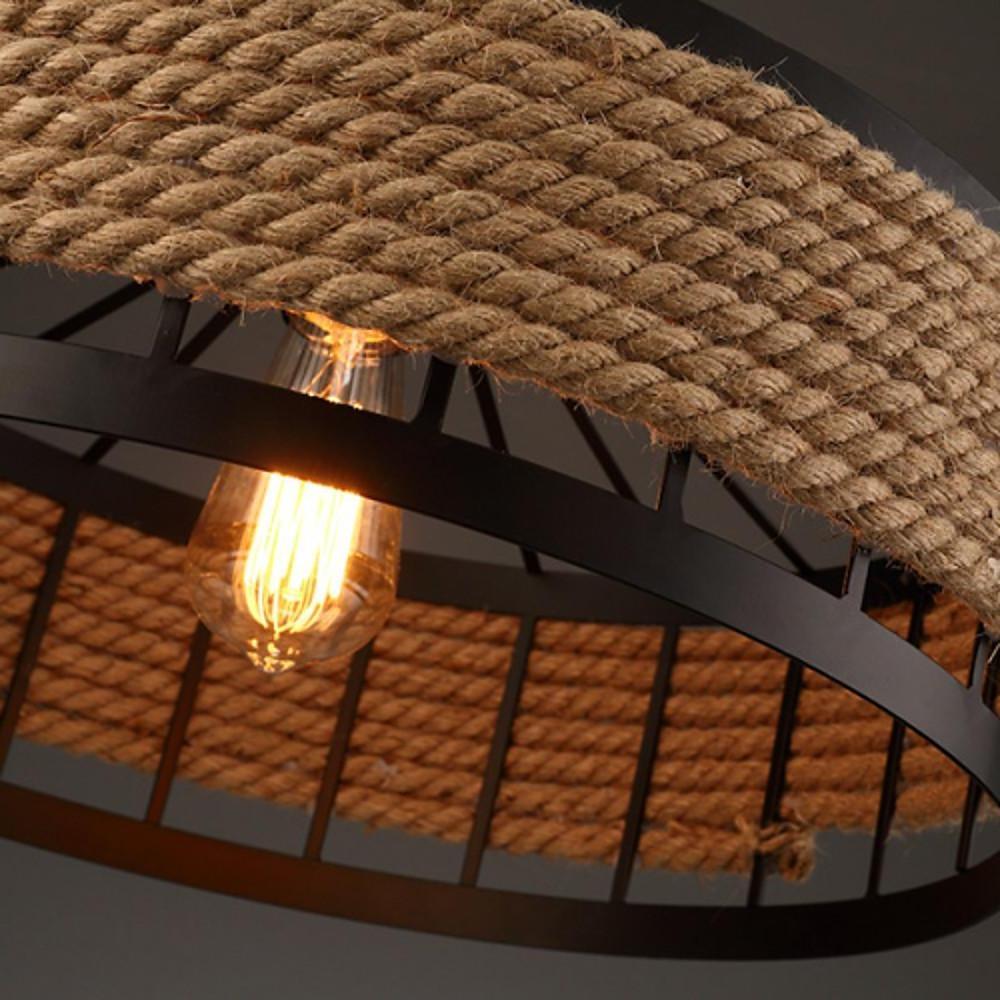 Circular Rope-Wrapped Pendant Light – Rustic Industrial Chandelier