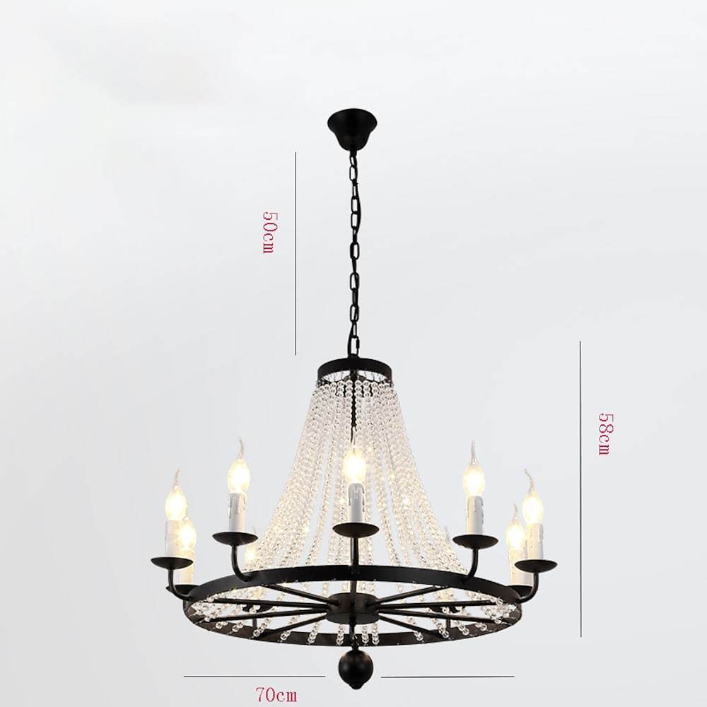 Vintage Wagon Wheel Crystal Chandelier - Black Metal Candle Style