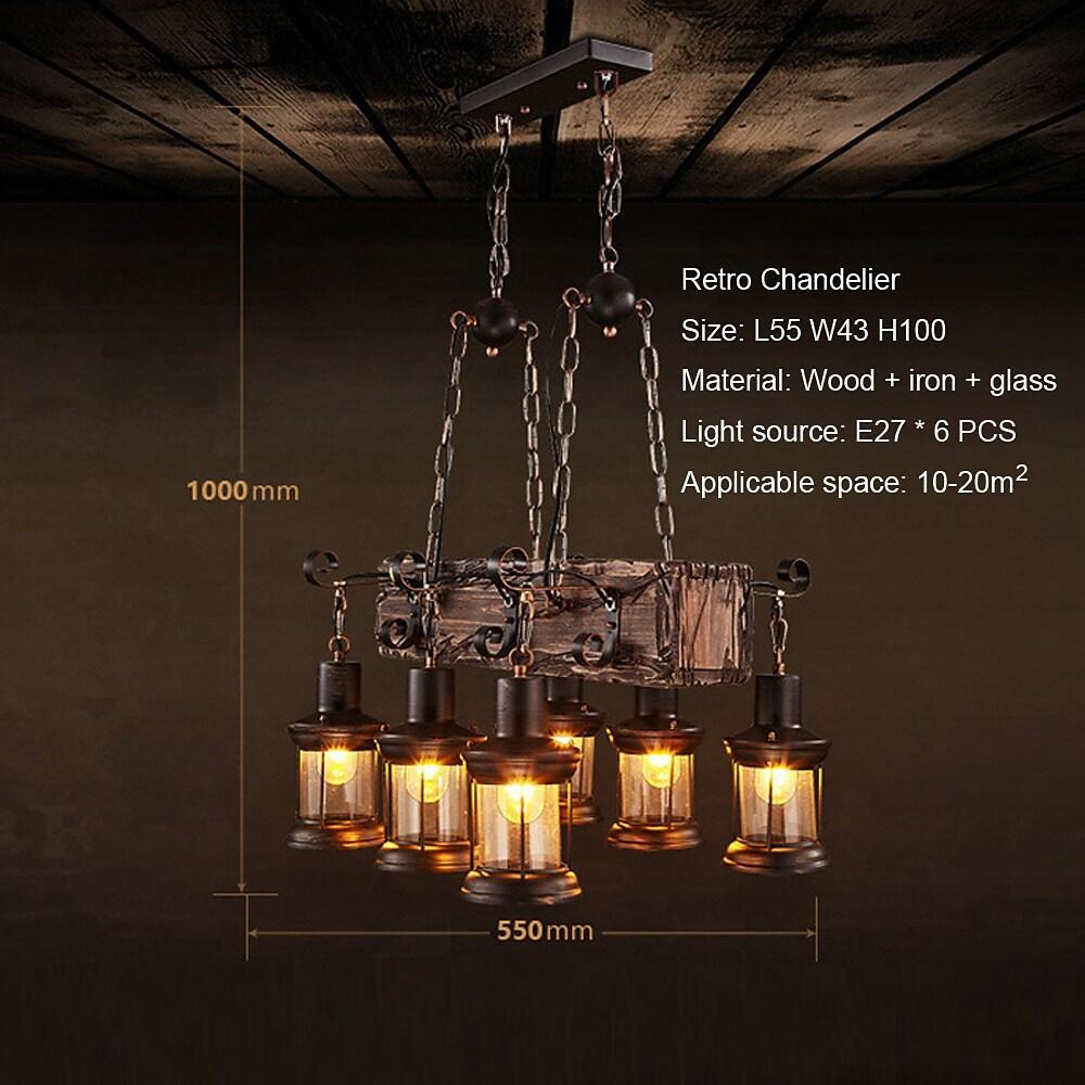 6-Light Farmhouse Wooden Chandelier with Glass Lantern Shades