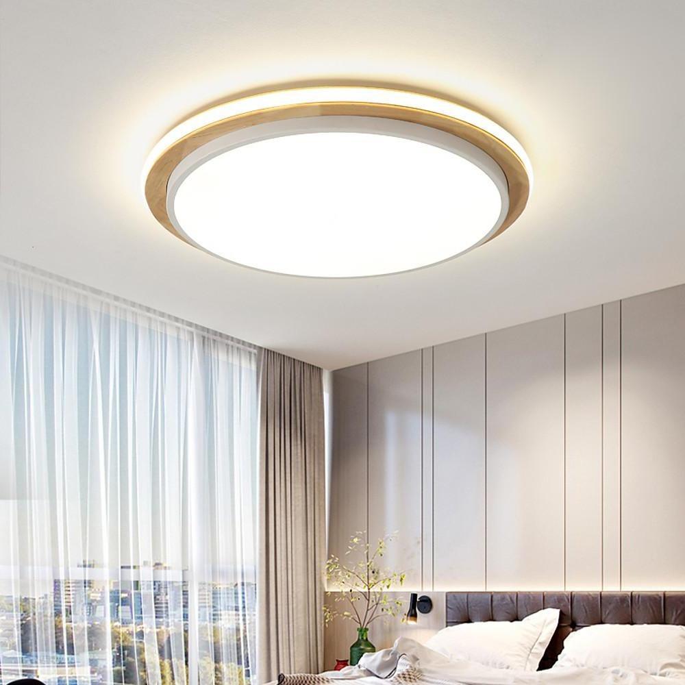 Modern Round Wood & Metal LED Flush Mount Ceiling Light