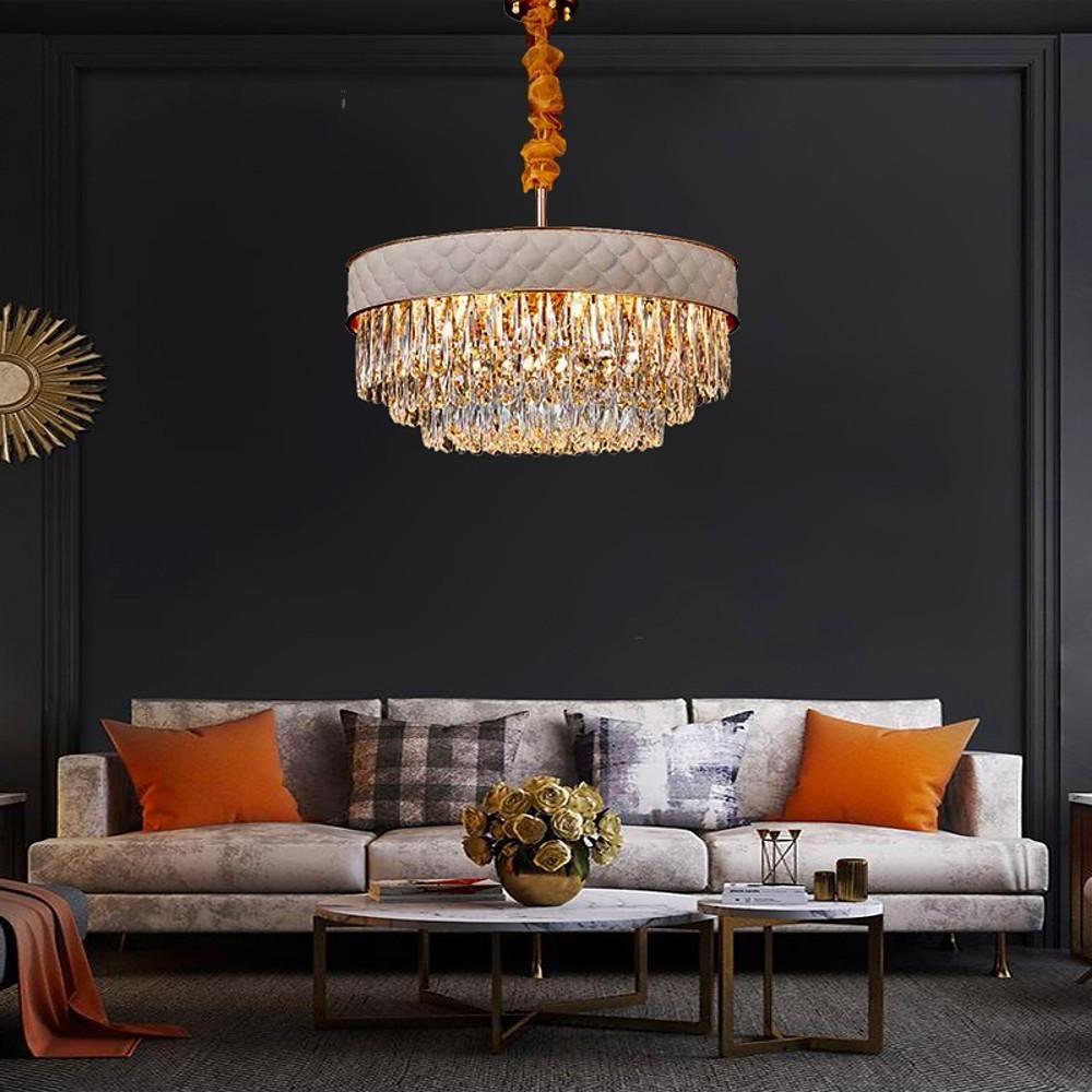 Modern Crystal Drum Chandelier with Electroplated Metal Finish