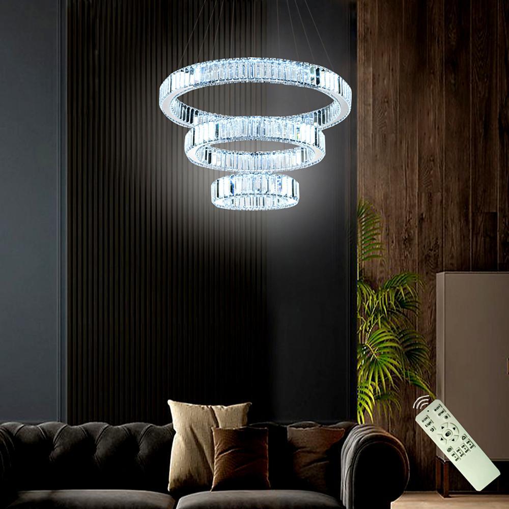 Crystal 3-Tier Ring Pendant Light Modern Chrome Chandelier