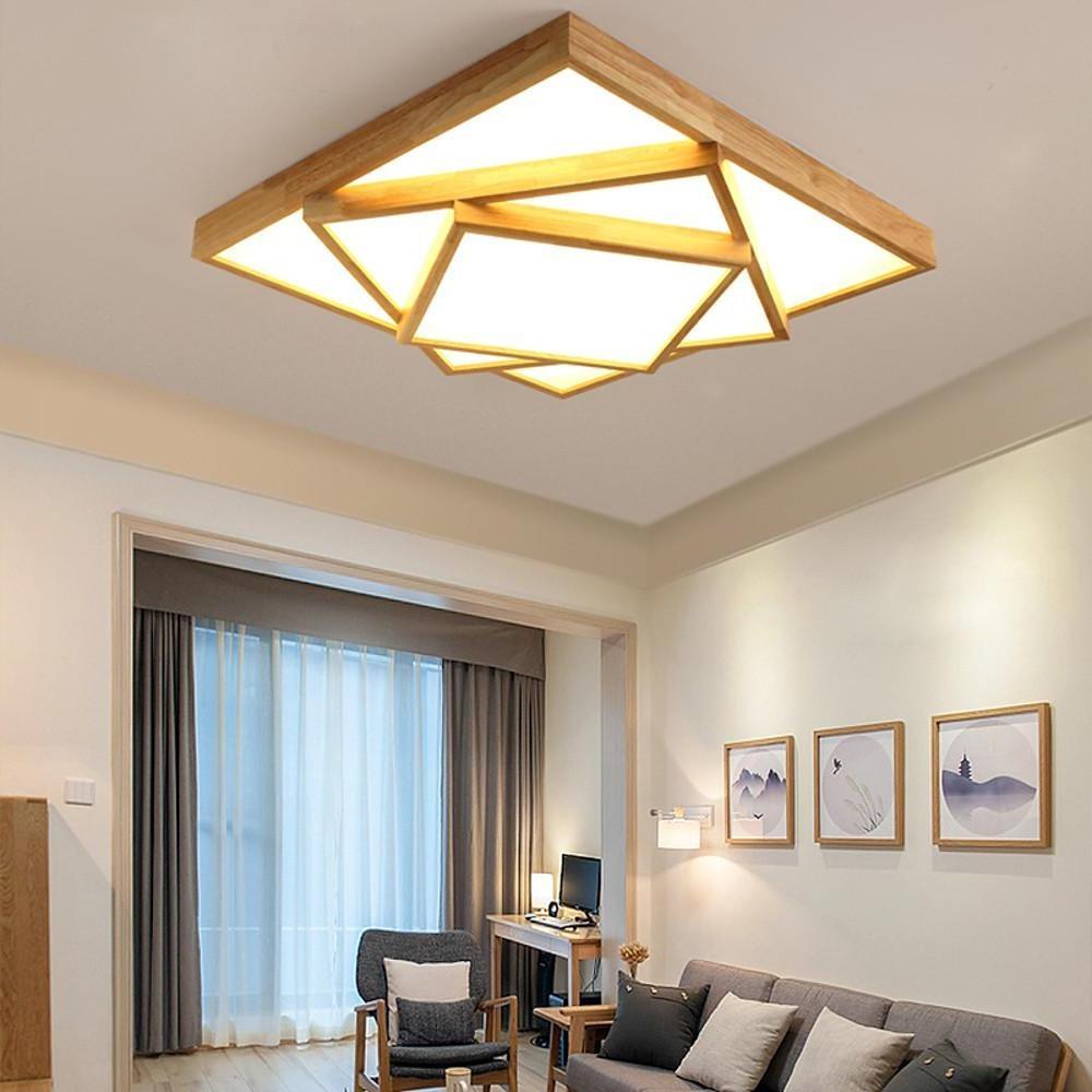 Nordic Wood Geometric Flush Mount Ceiling Light with Dimmable LED