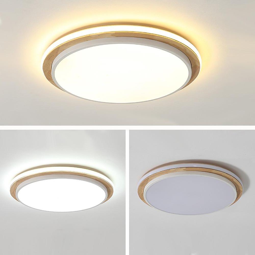 Modern Round Wood & Metal LED Flush Mount Ceiling Light