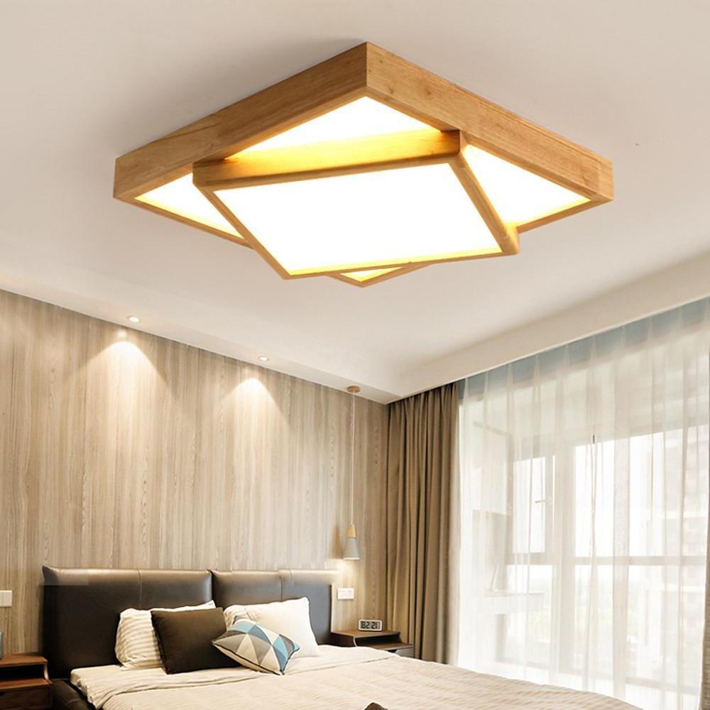 Nordic Wood Geometric Flush Mount Ceiling Light with Dimmable LED