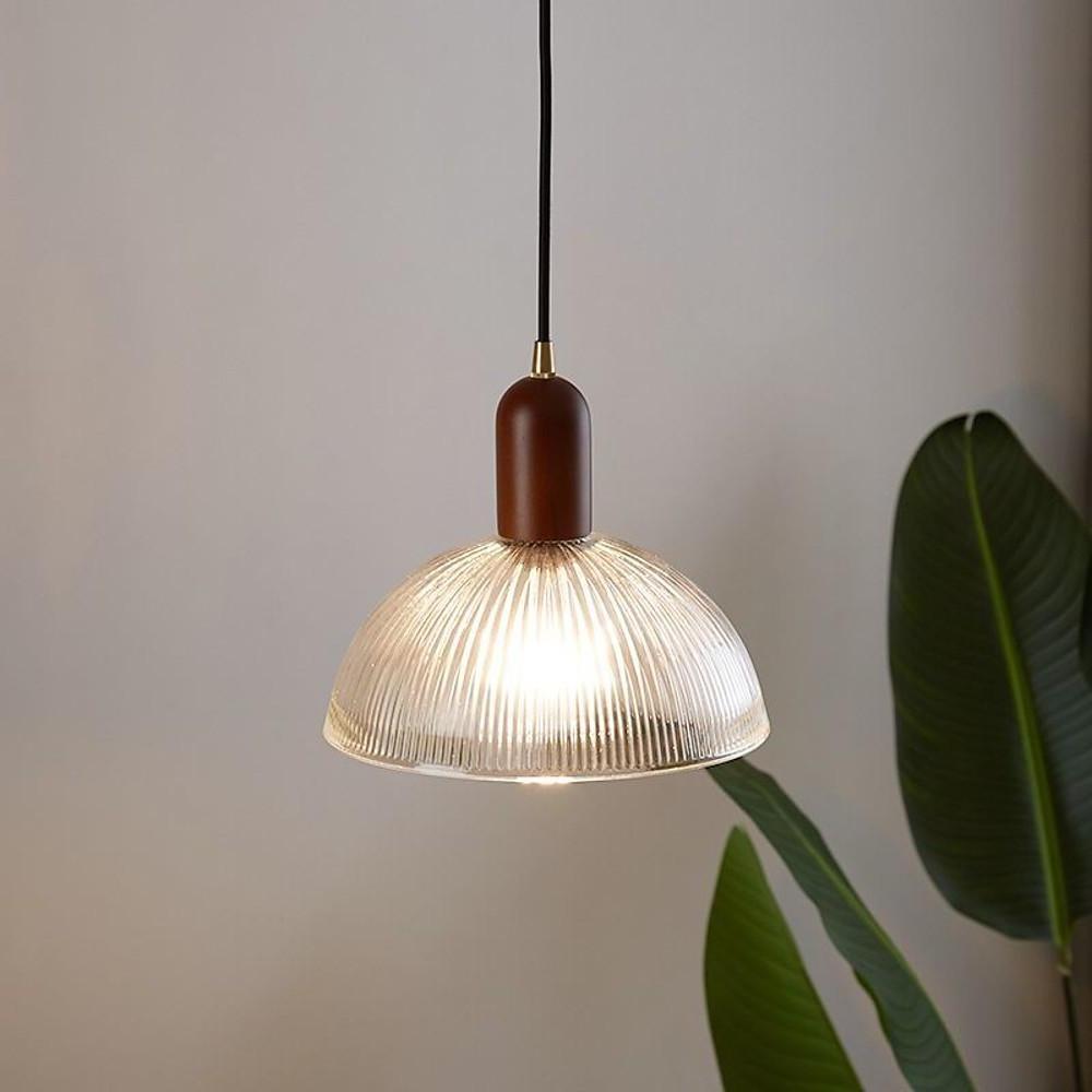 Vintage Glass Wood Pendant Light Bowl Ceiling Fixture